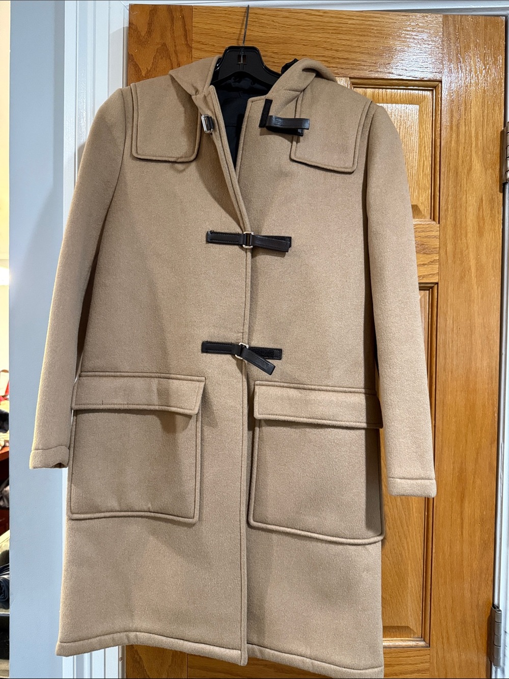 Prada camel wool coat  with hood, black interior